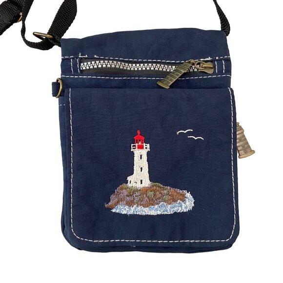 Vintage Navy mini Crossbody Bag With Lighthouse Embroidery Zipper Closure travel - Picture 4 of 12